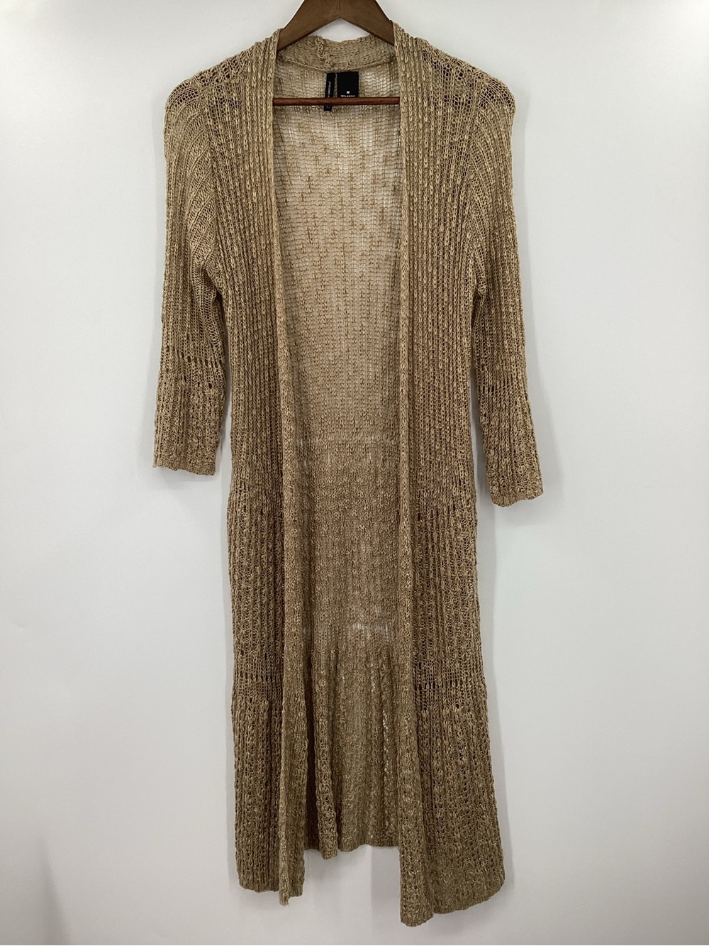 new directions Long Open-Front Knit Cardigan in Tan 3/4 Sleeve